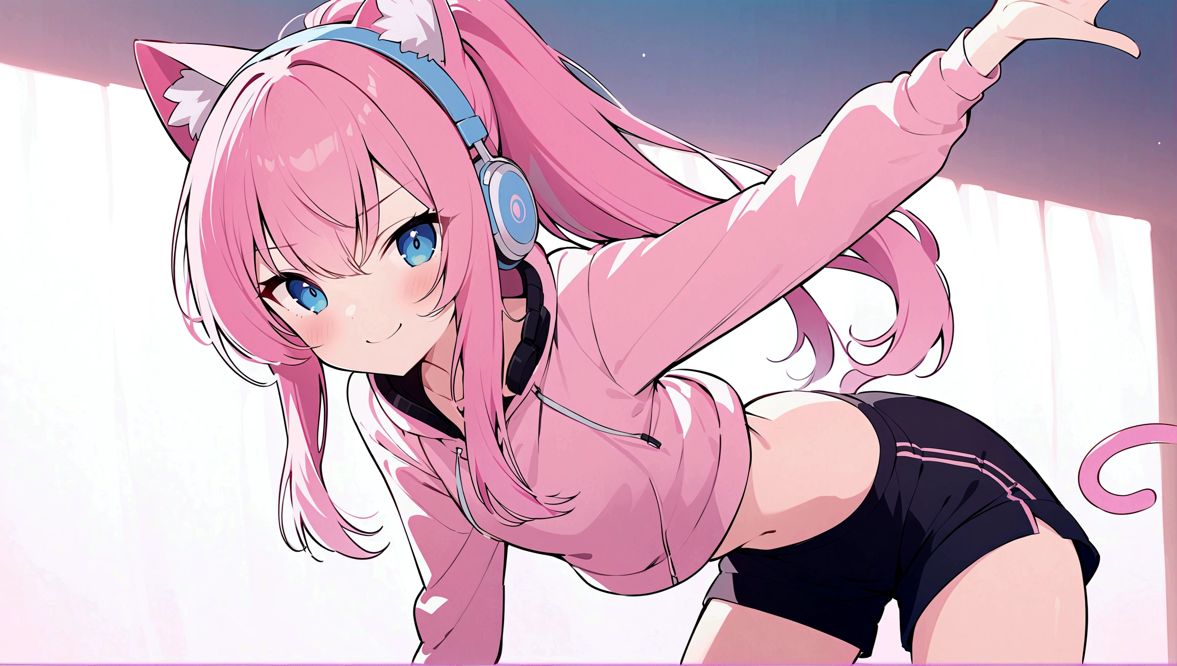 (masterpiece), best quality, (smiling), Luka Megurine, Luka, Vocaloid, pink cat ears, pink cat tail, Luka Megurine, megurine luka, ponytail, pastel blue eyes, pink long hair, hair between eyes, headphones, beautiful background, (dynamic posing), expressive