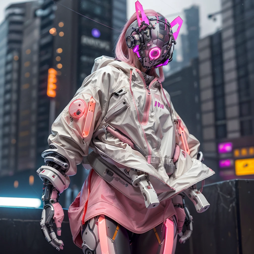 1girll, helmet, Hood, Solo, White_Spacesuit, Extra-long_Hair, bangs, Jacket, The upper part of the body_Body, Pink_Hair, Blurry, Coat, Grey_Eyes, Mask, Blurry_Background, Backpack, zippers, Mouth_Mask, Covered_Mouth, Urban tech clothing, Outfit，lowerbody，Fair long legs，Unequal cyber leggings，with light glowing，zippers，Mechanical booties，Full body shot from head to hips, ((close up))。