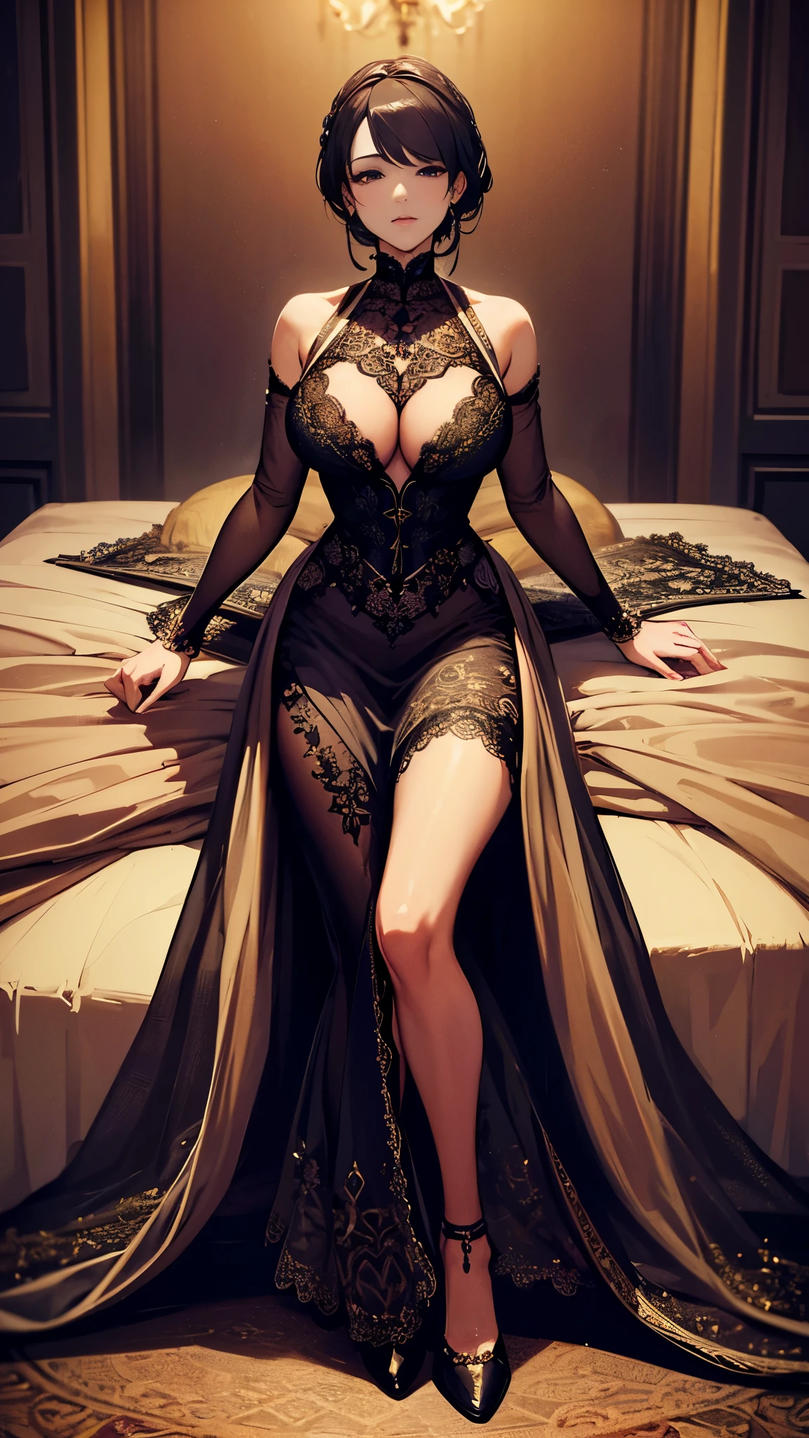 a beautiful lady, masterpiece, best quality, intricate lace, lace dress, serene expression, full body portrait, extremely detailed, Not bright colors, lace clothes, elegant, lady, night
