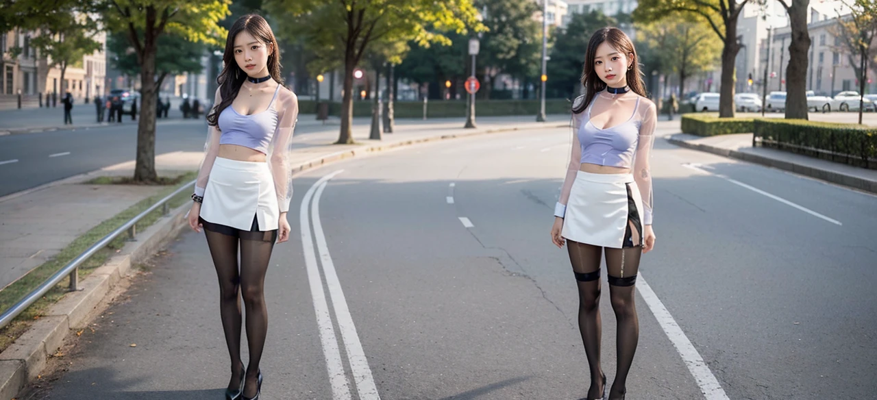 18-year-old female, baby face, RAW photo, bokeh, (realism: 1.4, realistic), high-definition CG unified 8K wallpaper, 1girl, ((slim body: 1)), (medium breasts: 2), return to the viewer, ((direct view from the front)), (HQ skin: 1.4), 8k UHD, DSLR, soft light, high quality, film grain, fujifilm XT3, ((uniform, micro mini skirt, Metal Choker, See-Through Shirt: 1.5)), ((Outdoor, in the Park))), ((Long Hair, Black Pantyhose, Medium: 1.2)), (Full Body Portrait: 1.2), (Viewers: 1.4), (Red High Heels: 1·2), (Full Body: 2)