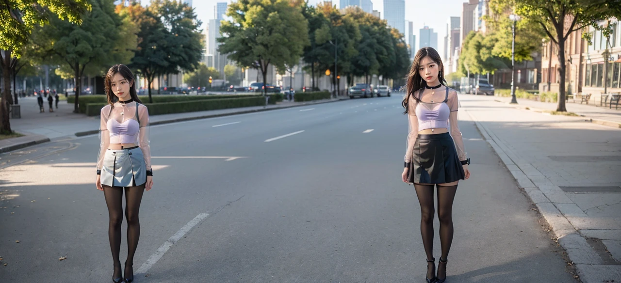 18-year-old female, baby face, RAW photo, bokeh, (realism: 1.4, realistic), high-definition CG unified 8K wallpaper, 1girl, ((slim body: 1)), (medium breasts: 2), return to the viewer, ((direct view from the front)), (HQ skin: 1.4), 8k UHD, DSLR, soft light, high quality, film grain, fujifilm XT3, ((uniform, micro mini skirt, Metal Choker, See-Through Shirt: 1.5)), ((Outdoor, in the Park))), ((Long Hair, Black Pantyhose, Medium: 1.2)), (Full Body Portrait: 1.2), (Viewers: 1.4), (Red High Heels: 1·2), (Full Body: 2)