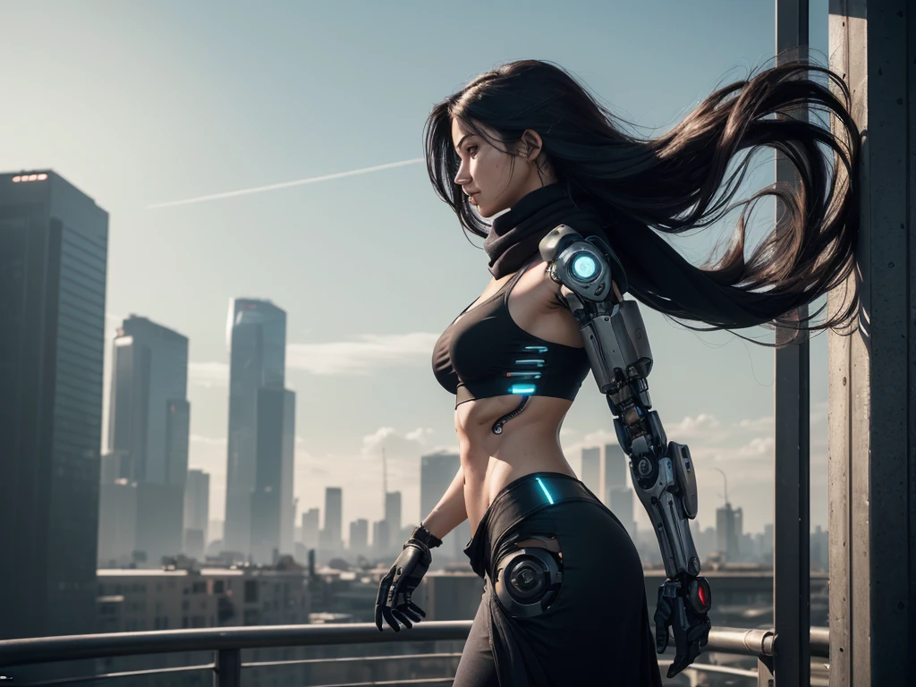 ((candid rule-of-thirds shot, 45 degree side view)), (1 skinny female cyborg :1.3), confidence, futuristic aerodynamic heavy mechanical arm, unreal engine, (extremely long voluminous hair :1.7), ((long scarf)), crop tank, low-rise maxi skirts, (strong directional wind), post-apocaliptic city on the horizon, late afternoon