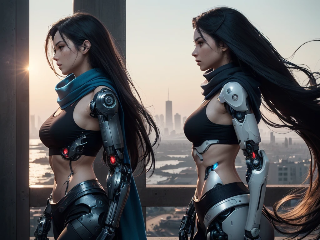 ((candid rule-of-thirds shot, 45 degree side view)), (1 skinny female cyborg :1.3), confidence, futuristic aerodynamic heavy mechanical arm, unreal engine, (extremely long voluminous hair :1.7), ((long scarf)), crop tank, low-rise maxi skirts, (strong directional wind), post-apocaliptic city on the horizon, late afternoon