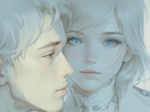there is a drawing of a man and a woman looking at each other, detailed but rough, digital sketch, blurry and dreamy illustration, soft outlines, speedpaint, faded drawing, soft portrait, closeup faces, rough sketch, soft digital painting, kissing together cutely, detailed face background detail, quick sketch, blurred and dreamy illustration, wip, close up at face