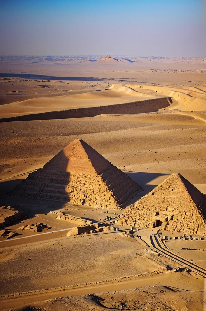 Bonjour, could you generate some nice photos of the Egyptian pyramids for me,with good resolution and interesting angles, preferably at sunrise or sunset.