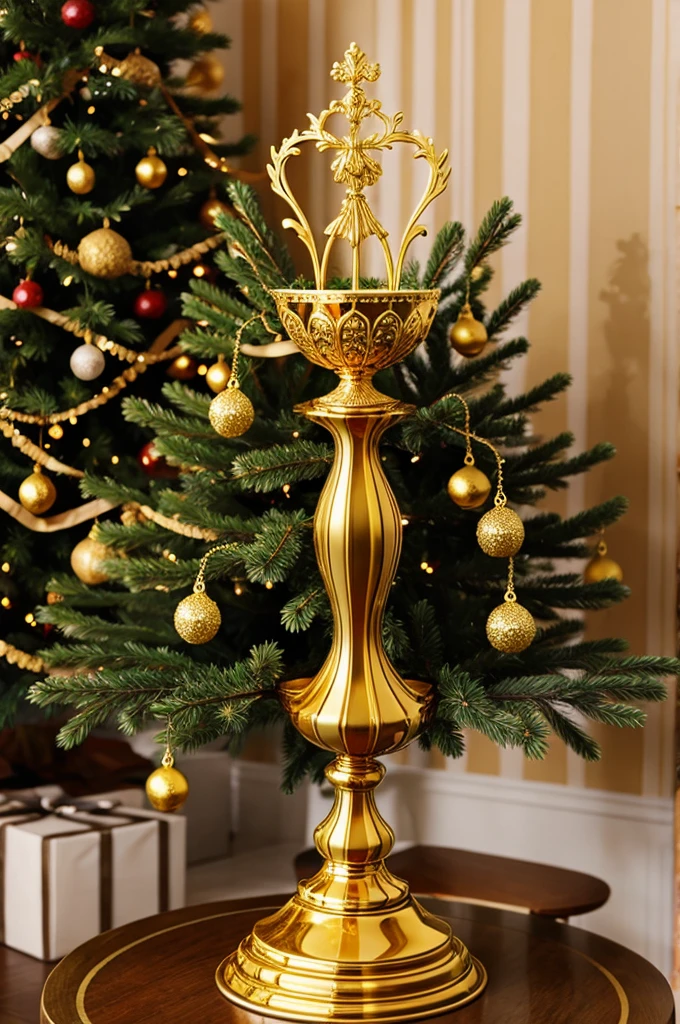 Golden trophy shaped like pine fruit and sparkling 