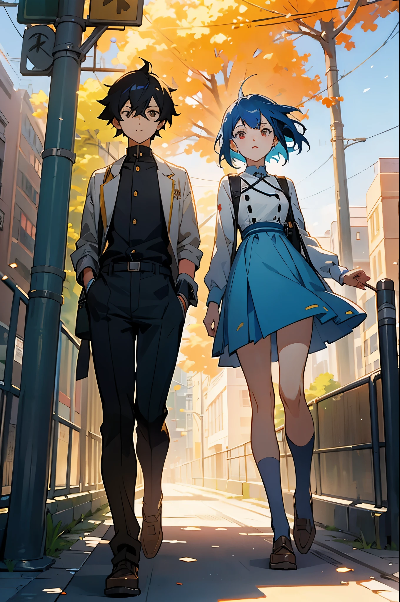 blue hairs,short detailed hair,red pupils, Yellow anime boy, walking at street, full bodyesbian:: Sunny weather::, made with anime painter studio, Urban Boy Works, full body portrait of a short!, Makoto shinkai style, Anime wear beautiful clothes, drawn in anime painter studio, 3 D painting,expression of surprise,Inverted figure-eight eyebrows,Mouth open