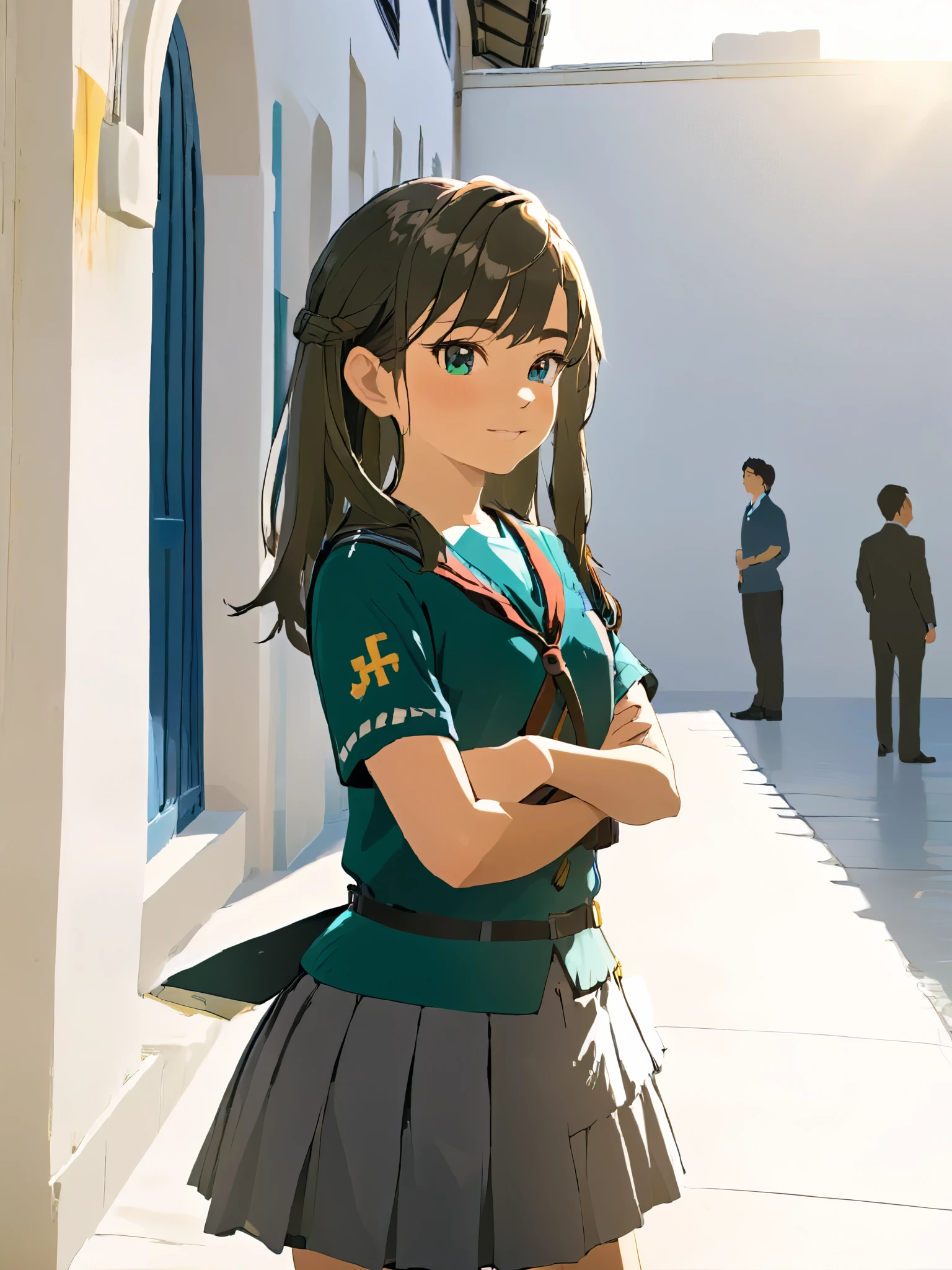 A  girl smiling with her arms crossed., vistiendo uniforme de colegio, fondo blanco,mirando al frente, cara detallada, alta calidad, arte digital, Fancy, dramatic lighting, cinematographic composition