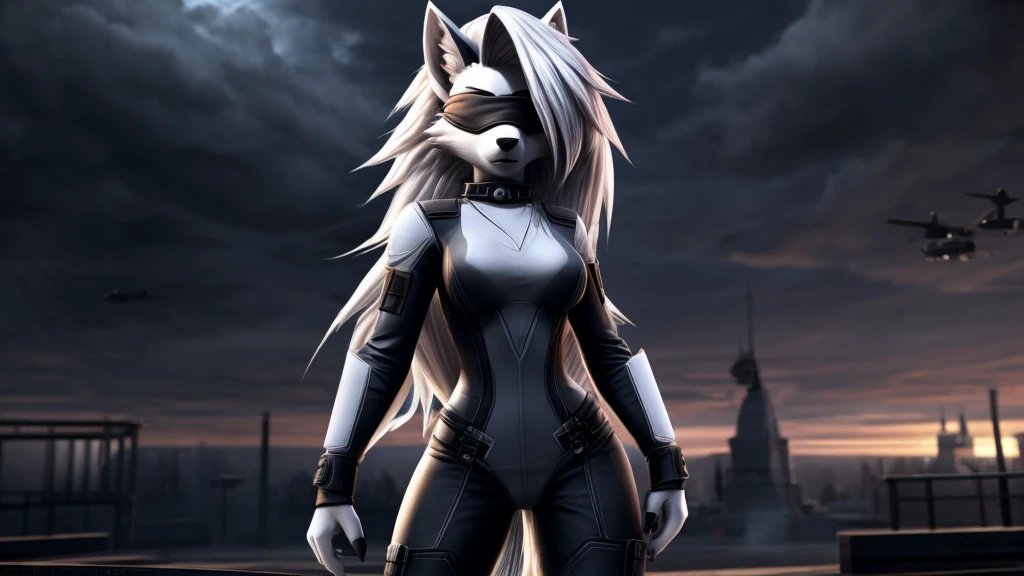 Loona from Helluva Boss, female white wolf, anthro, mature adult, fluffy short white hair, blindfold, white hero combat suit, standing, dark, night, above a building, serious, detailed, solo, beautiful, high quality, 4K