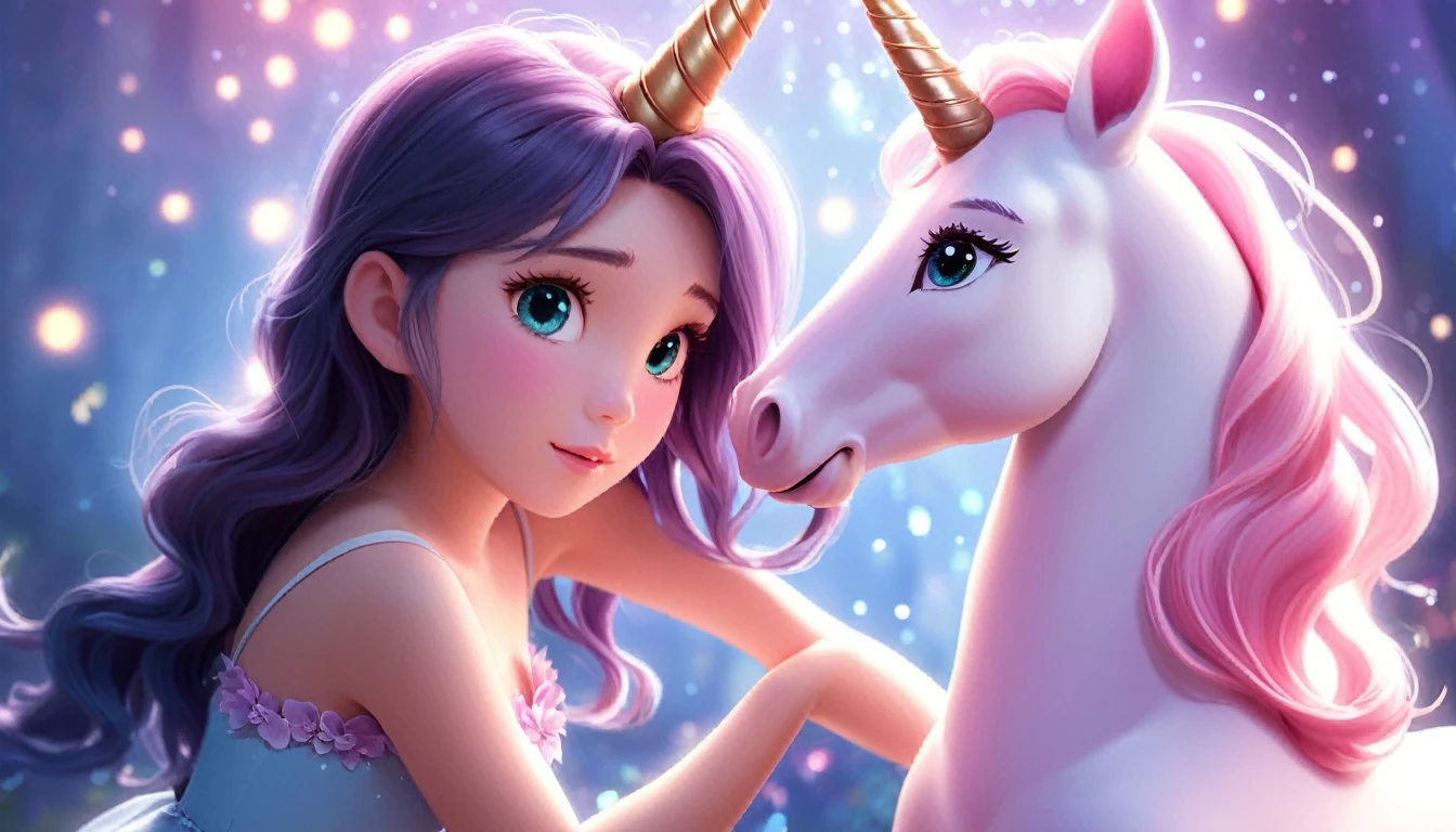 a wicked witch turned the girl unicorn into an ugly toy,and a good fairy lifted the curse but the magic horn on the girl's head remained forever,girl with a unicorn horn,magic horn on the beautiful girl's head,Pixar ((unicorn girl)).