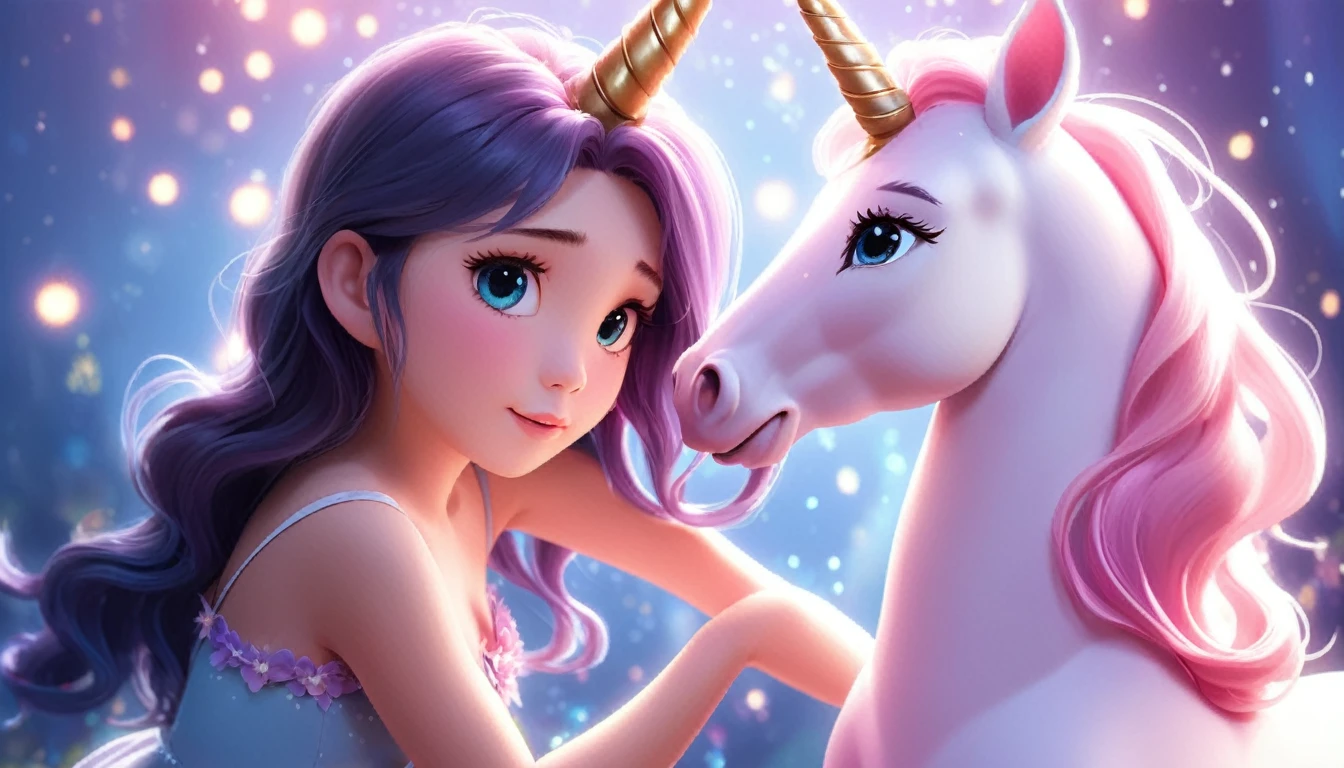 a wicked witch turned the girl unicorn into an ugly toy,and a good fairy lifted the curse but the magic horn on the girl's head remained forever,girl with a unicorn horn,magic horn on the beautiful girl's head,Pixar ((unicorn girl)).