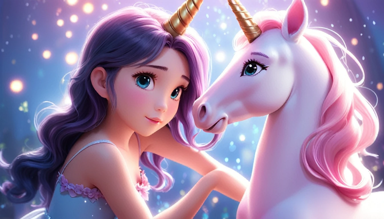 a wicked witch turned the girl unicorn into an ugly toy,and a good fairy lifted the curse but the magic horn on the girl's head remained forever,girl with a unicorn horn,magic horn on the beautiful girl's head,Pixar ((unicorn girl)).