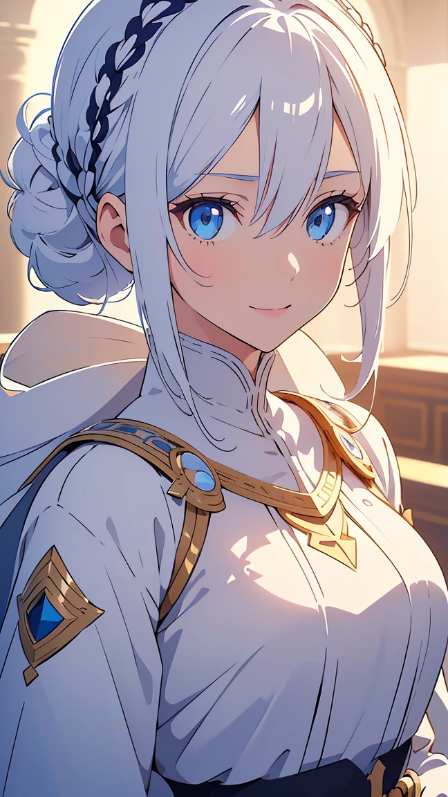 Anime,Girl1,round face,blue eyes,white hair,double bun hairstyle,white eyeshadow,upper body,(white Arabic abaya dress,waist belt,smile),(Highly detailed CG,module,8K wallpapers)،(Highest quality, high resolution, beautiful lighting, realistic shadow, high resolution)،(Detailed skin, highly detailed, detailed faces and eyes, realistic eyes)