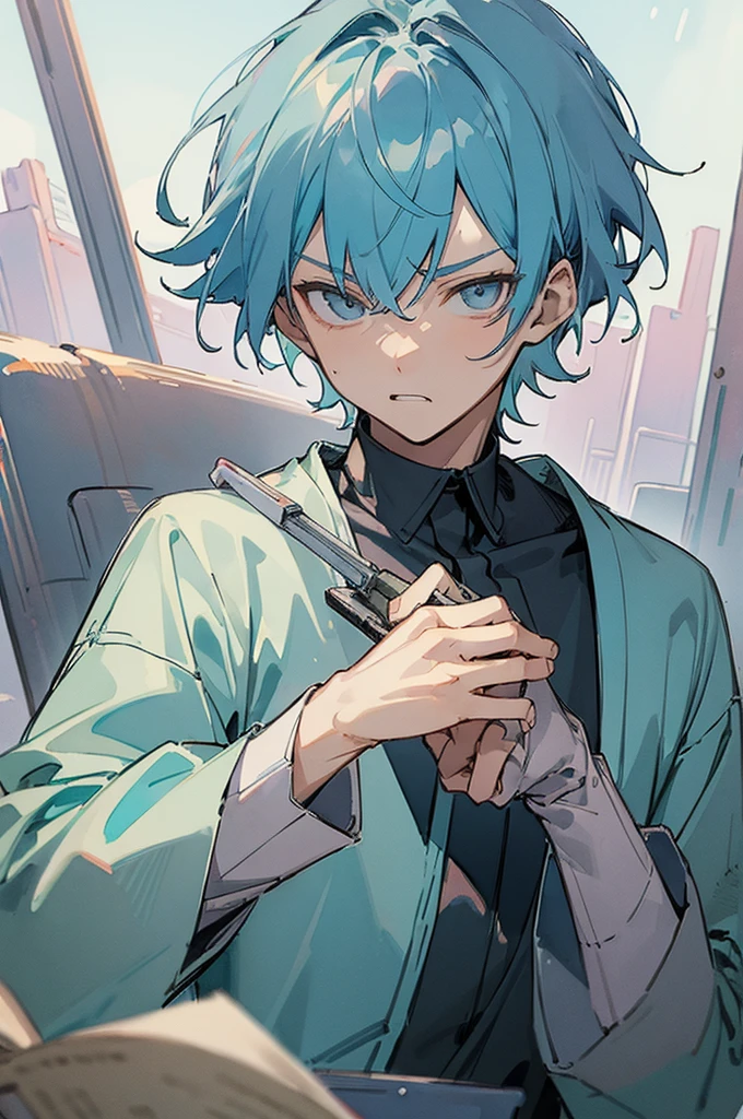 (best quality:1.1), (masterpiece:1.4), , looking at viewer, upper body, , (watercolor illustration, soft pastel colors:1.1), , 1boy, solo, male focus, souya_kawata, blue hair, grey eyes, , angry, , long-sleeve shirt, , science fiction science fantasy, HD