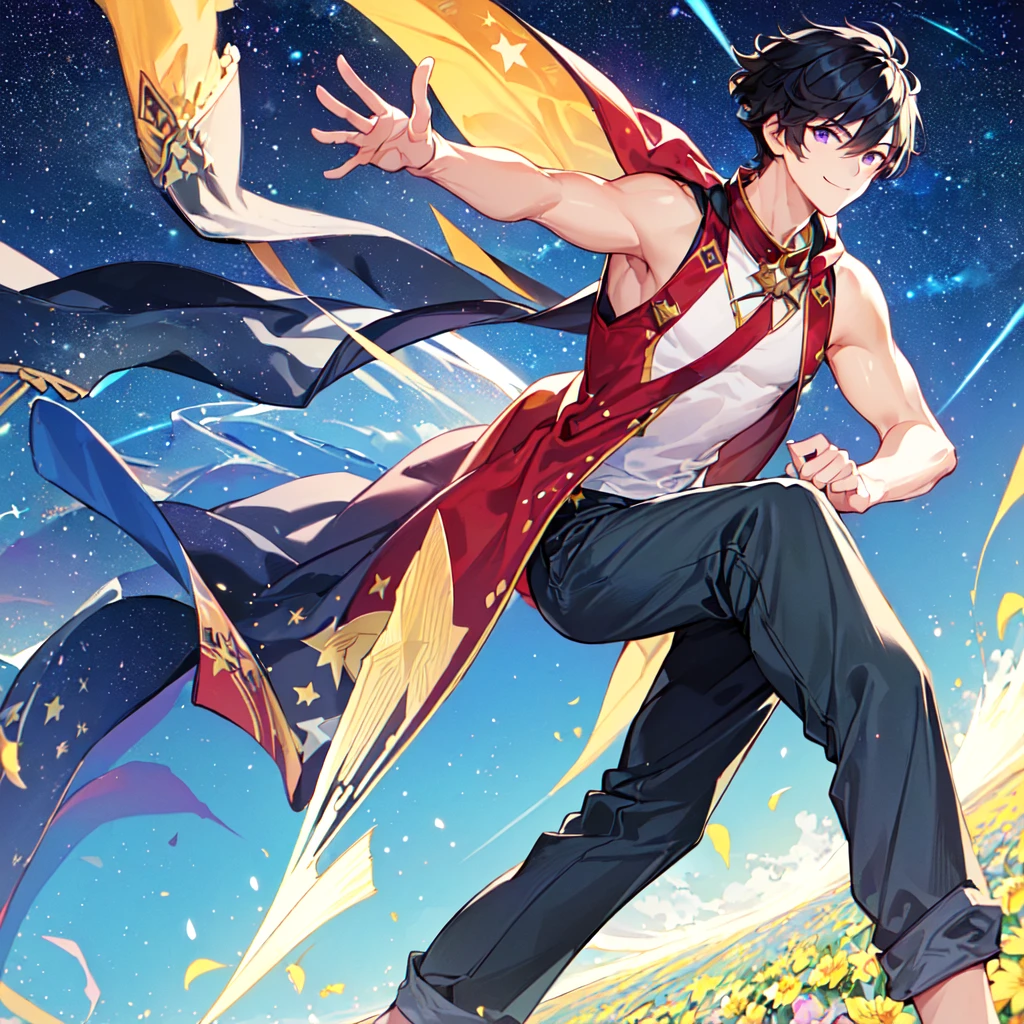 masterpiece,best quality,high quality,(1male austere handsome solo adult age 30 years old:1.5), purple eyes, cool with suspended eyes, V-shaped eyebrows, body strong and fearless 8.5 head tall, height 185cm, (well-groomed black short hair down to neck:1.4), (bangs 7 thirds parted:1.4), slender nose, facial muscles, throat, (pants with star print summer fashion:1.3), (running), (stylish pose), (fearless smile:1.3), (background southern star flower field:1.3), (starry sky:1.3)