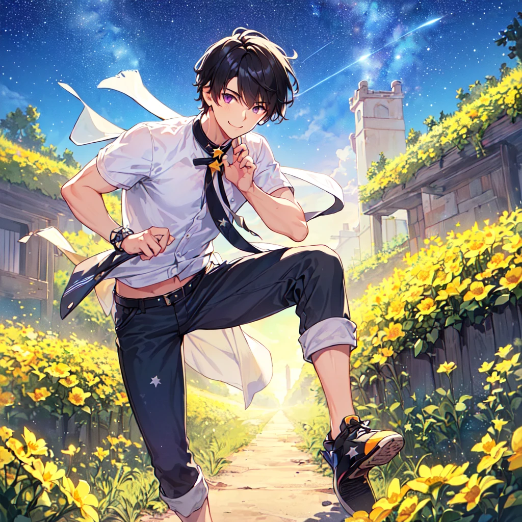 masterpiece,best quality,high quality,(1male austere handsome solo adult age 30 years old:1.5), purple eyes, cool with suspended eyes, V-shaped eyebrows, body strong and fearless 8.5 head tall, height 185cm, (well-groomed black short hair down to neck:1.4), (bangs 7 thirds parted:1.4), slender nose, facial muscles, throat, (pants with star print summer fashion:1.3), (running), (stylish pose), (fearless smile:1.3), (background southern star flower field:1.3), (starry sky:1.3)