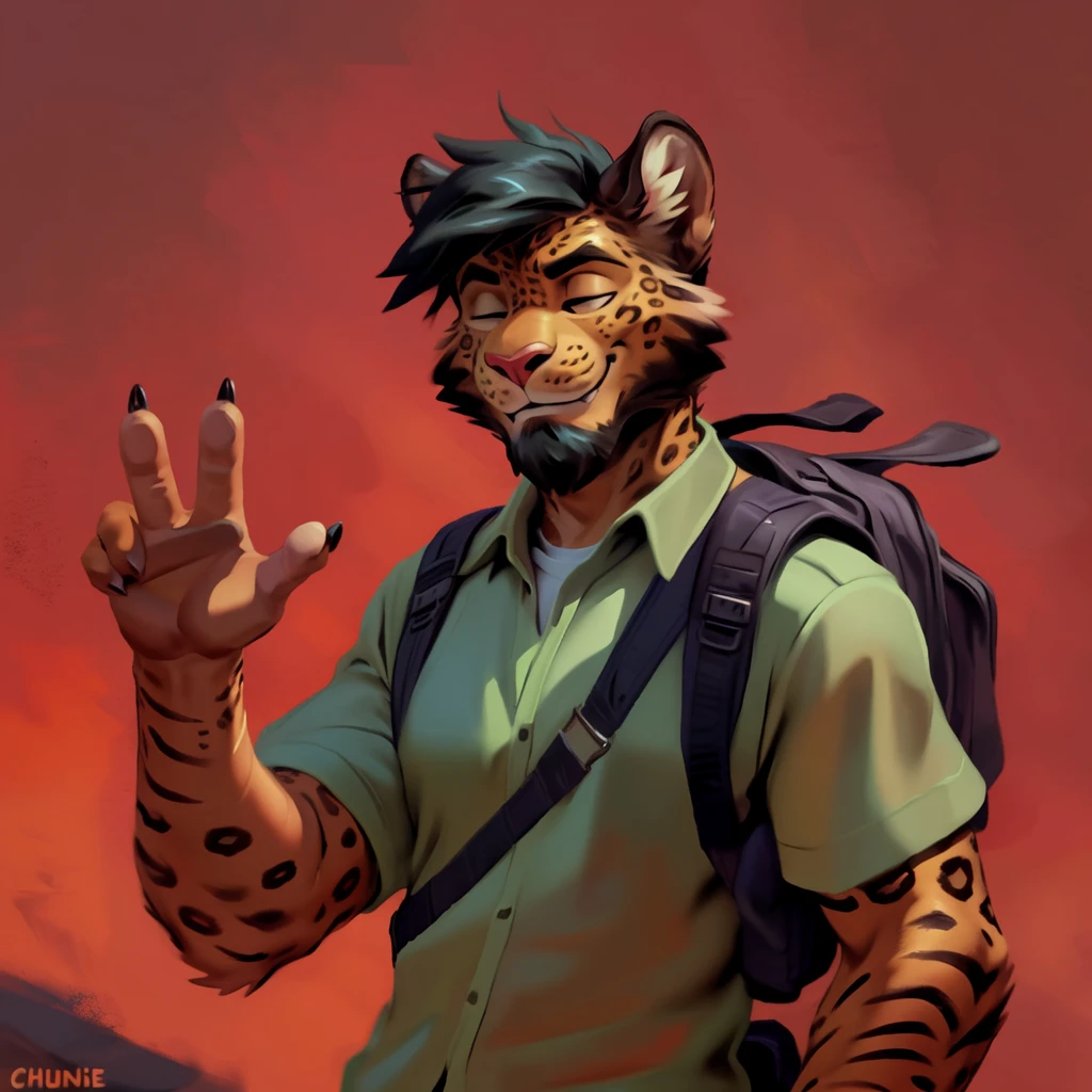 by chunie by catsudon by retros, male, felid, solo, jaguar, (black hair), facial hair, facing viewer, (((closed eyes))), retracted feline claws, (5 fingers), solid red background, green shirt, smile, (((ok gesture))), palm forward, backpack