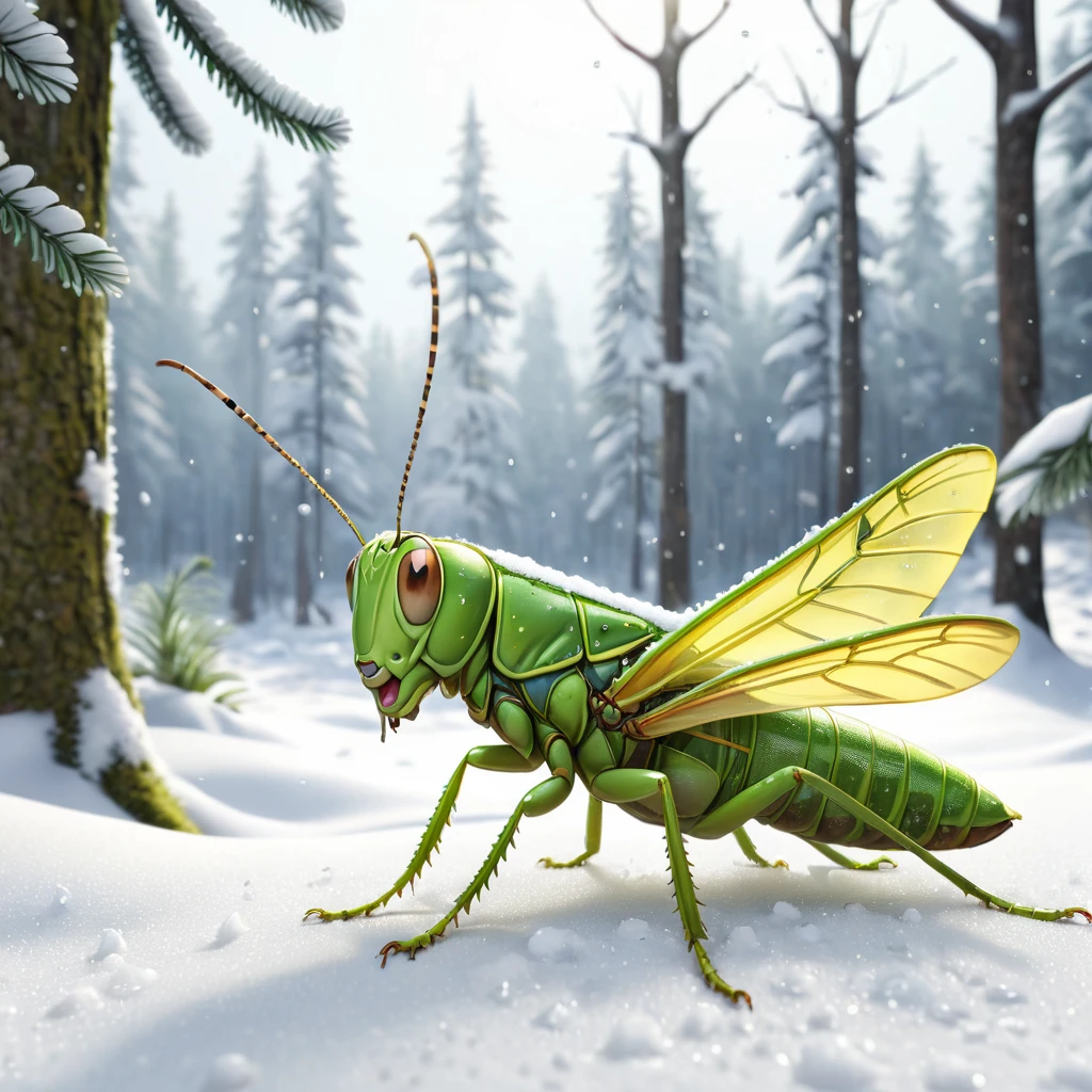 visible grasshopper crying, snow forest background, 3d render, photo realistic
