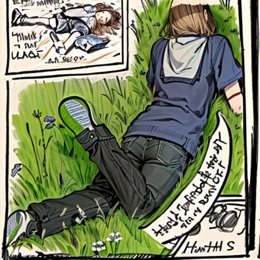 there is a drawing of a person laying on the ground, lying on the grass, laying down in the grass, in the grass, an illustration, inspired by Kate Beaton, resting, at a park, alt art, in a grass field, by Ceri Richards, in a grassy field, passed out, by Jo Baer, illustration”, in a park
