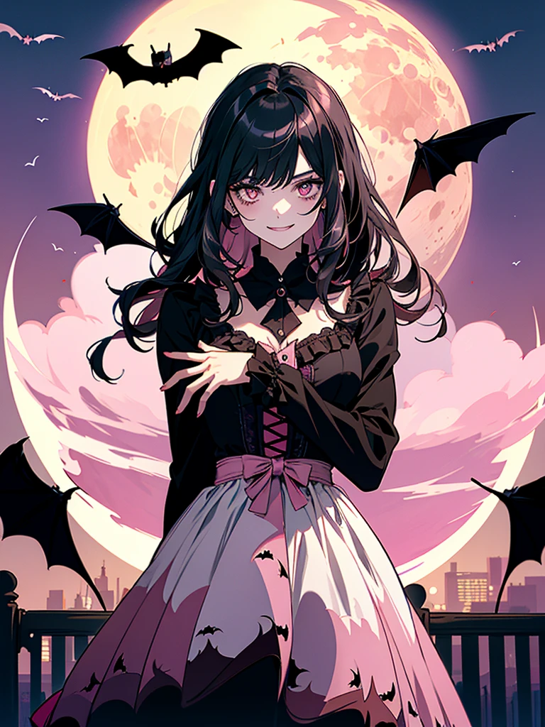 (((Visual impact,flying shadow))),((((flying bats,bats shadow,grow pink moon)))),((round frame:1.3)),full moon,bloody moon,(City of night,in street),(lamp),(large gate:1.3),(sence of depth:1.5),(madeon) BREAK solo,girl,kawaii,vampire girl,((black_hair,long hair,black_eyes)),(((sadistical smile))),pure white skin,[flushed face elbows knees shoulders],(pink_Pupils),(Gothic dress,classic dress),(((elegant posing))),(absurdres,highres,superlative),((texture)),((contrast)),(top quality,masterpiece),