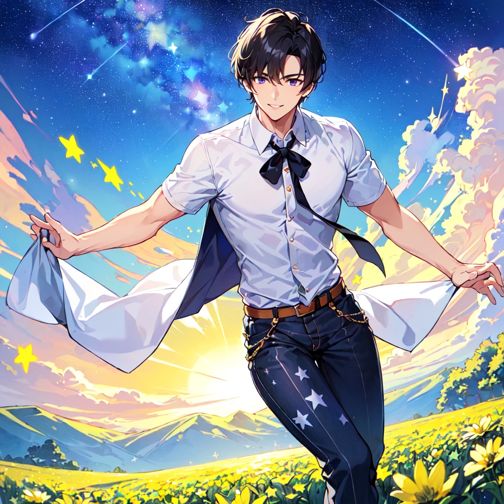 masterpiece,best quality,high quality,(1male austere handsome solo adult age 30 years old:1.5), purple eyes, cool with suspended eyes, V-shaped eyebrows, body strong and fearless 8.5 head tall, height 185cm, (well-groomed black short hair down to neck:1.4), (bangs 7 thirds parted:1.4), slender nose, facial muscles, throat, (pants with star print summer fashion:1.3), (running), (stylish pose), (fearless smile:1.3), (background southern star flower field:1.3), (starry sky:1.3)