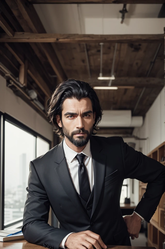 Um homem alto, com cabelo preto, olho azul, with black suit in a rustic office
