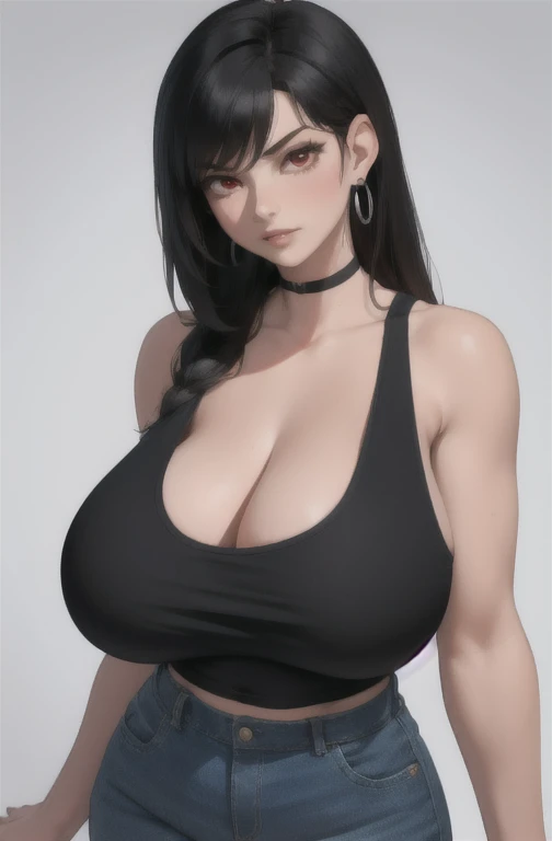 masterpiece, best quality,close-up,1girl, solo, black hair, teardropshaped earrings, looking to the side, realistic, upper body, simple background, bangs, looking away, long straight black hair, parted lips, choker, makeup, mole, (white tank top:1.3), red eyes, tifa lockhart, (huge breasts:1.5) enormous droopy breasts, macromastia, cleavage, exposed stomach, toned abs, toned arms, black miniskirt