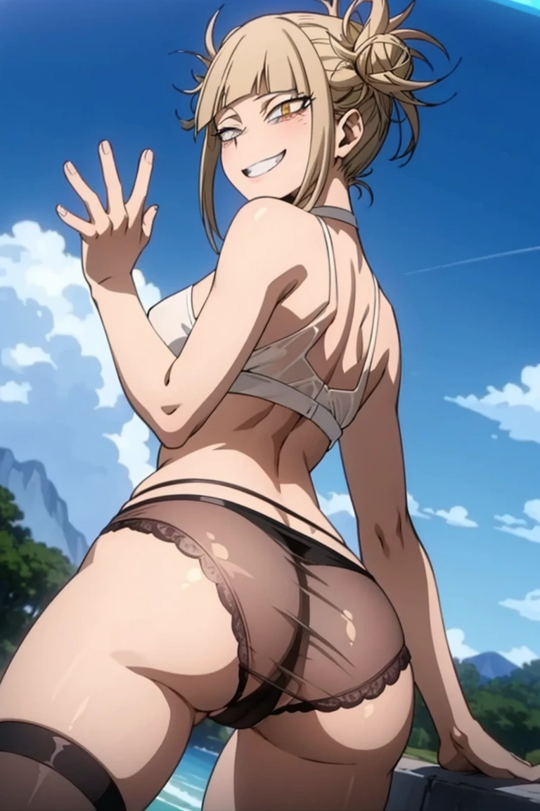 high definition, 8K, detailed face, medium ass, grabbing her ass, showing her ass, bending over, Himiko Togo from My Hero Academia, Deep yellow eyes, bangs, ((sky blue see through panties)), spa, (medium breasts)), slim and thin, body of equal proportions, ((focus on her ass)), back view, four fingers and 1 thumb, ((2 hands)), Brown hair, Beautiful smile, Smiling at viewer, blushing cheeks