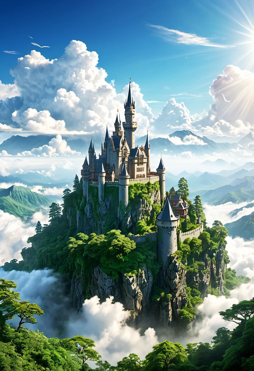 Create a detailed image of a floating castle high above the clouds. The castle is ancient, with majestic, weathered stone walls, tall spires, and lush greenery growing along its surfaces. Surrounding the castle are fluffy white clouds, with beams of sunlight piercing through. Below, a vast, serene landscape of mountains and forests can be seen. In the sky around the castle, a few small airships are flying, adding to the sense of adventure and wonder. The overall scene should evoke a magical, otherworldly feeling, reminiscent of a fantasy world.