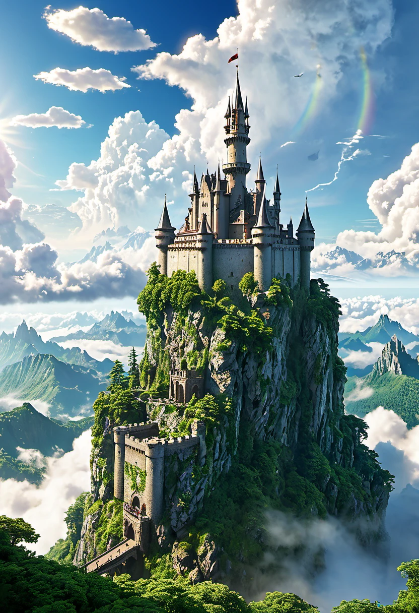 Create a detailed image of a floating castle high above the clouds. The castle is ancient, with majestic, weathered stone walls, tall spires, and lush greenery growing along its surfaces. Surrounding the castle are fluffy white clouds, with beams of sunlight piercing through. Below, a vast, serene landscape of mountains and forests can be seen. In the sky around the castle, a few small airships are flying, adding to the sense of adventure and wonder. The overall scene should evoke a magical, otherworldly feeling, reminiscent of a fantasy world.
