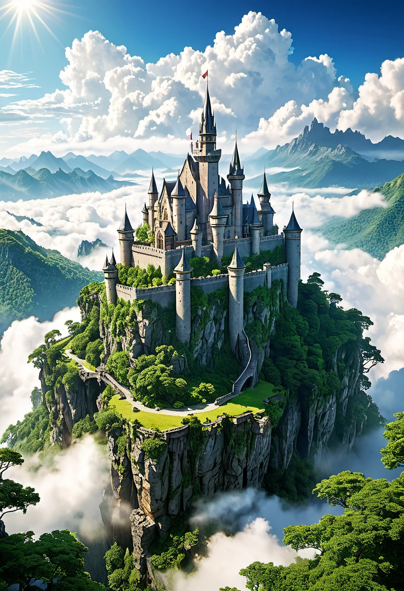 Create a detailed image of a floating castle high above the clouds. The castle is ancient, with majestic, weathered stone walls, tall spires, and lush greenery growing along its surfaces. Surrounding the castle are fluffy white clouds, with beams of sunlight piercing through. Below, a vast, serene landscape of mountains and forests can be seen. In the sky around the castle, a few small airships are flying, adding to the sense of adventure and wonder. The overall scene should evoke a magical, otherworldly feeling, reminiscent of a fantasy world.