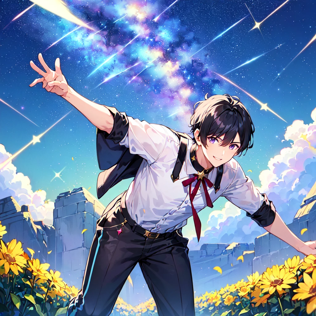 masterpiece,best quality,high quality,(1male austere handsome solo adult age 30 years old:1.5), purple eyes, cool with suspended eyes, V-shaped eyebrows, body strong and fearless 8.5 head tall, height 185cm, (well-groomed black short hair down to neck:1.4), (bangs 7 thirds parted:1.4), slender nose, facial muscles, throat, (pants with star print summer fashion:1.3), (running), (stylish pose), (fearless smile:1.3), (background southern star flower field:1.3), (starry sky:1.3)