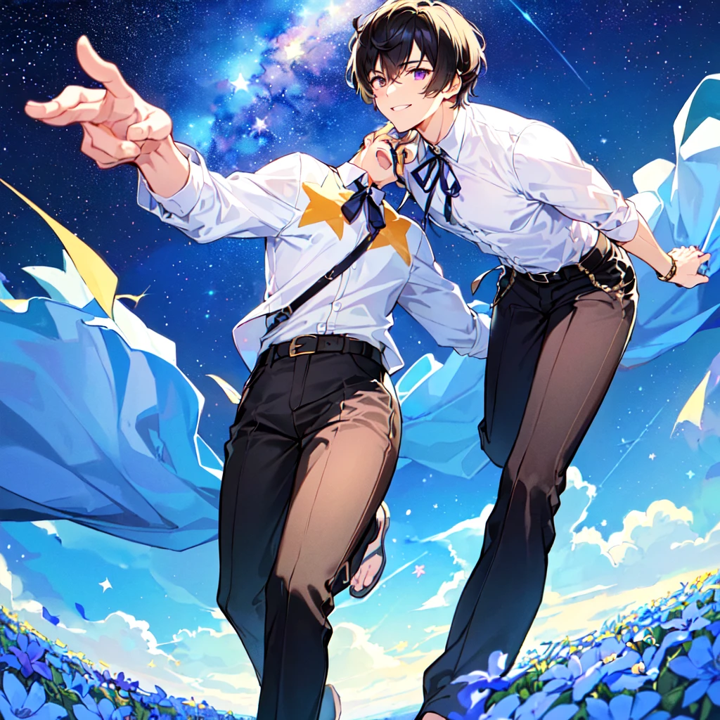 masterpiece,best quality,high quality,(1male austere handsome solo adult age 30 years old:1.5), purple eyes, cool with suspended eyes, V-shaped eyebrows, body strong and fearless 8.5 head tall, height 185cm, (well-groomed black short hair down to neck:1.4), (bangs 7 thirds parted:1.4), slender nose, facial muscles, throat, (pants with star print summer fashion:1.3), (running), (stylish pose), (fearless smile:1.3), (background southern star flower field:1.3), (starry sky:1.3)