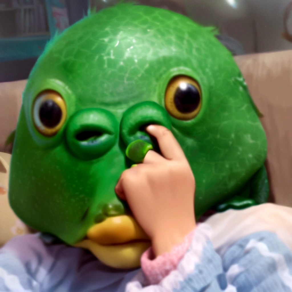 arafed green bird mask with finger on nose and hand on nose, the mask covers her entire face, peepo the frog!!!, green head, 4 chan pepe, 🐋 as 🐘 as 🤖 as 👽 as 🐳, disgust, 🐿🍸🍋, you g face, pepe the frog, reptile face, pepe frog