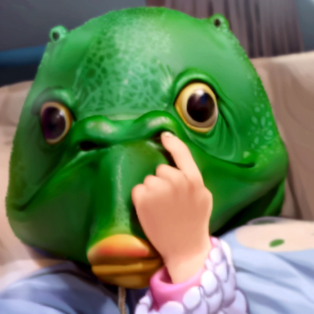 arafed green bird mask with finger on nose and hand on nose, the mask covers her entire face, peepo the frog!!!, green head, 4 chan pepe, 🐋 as 🐘 as 🤖 as 👽 as 🐳, disgust, 🐿🍸🍋, you g face, pepe the frog, reptile face, pepe frog
