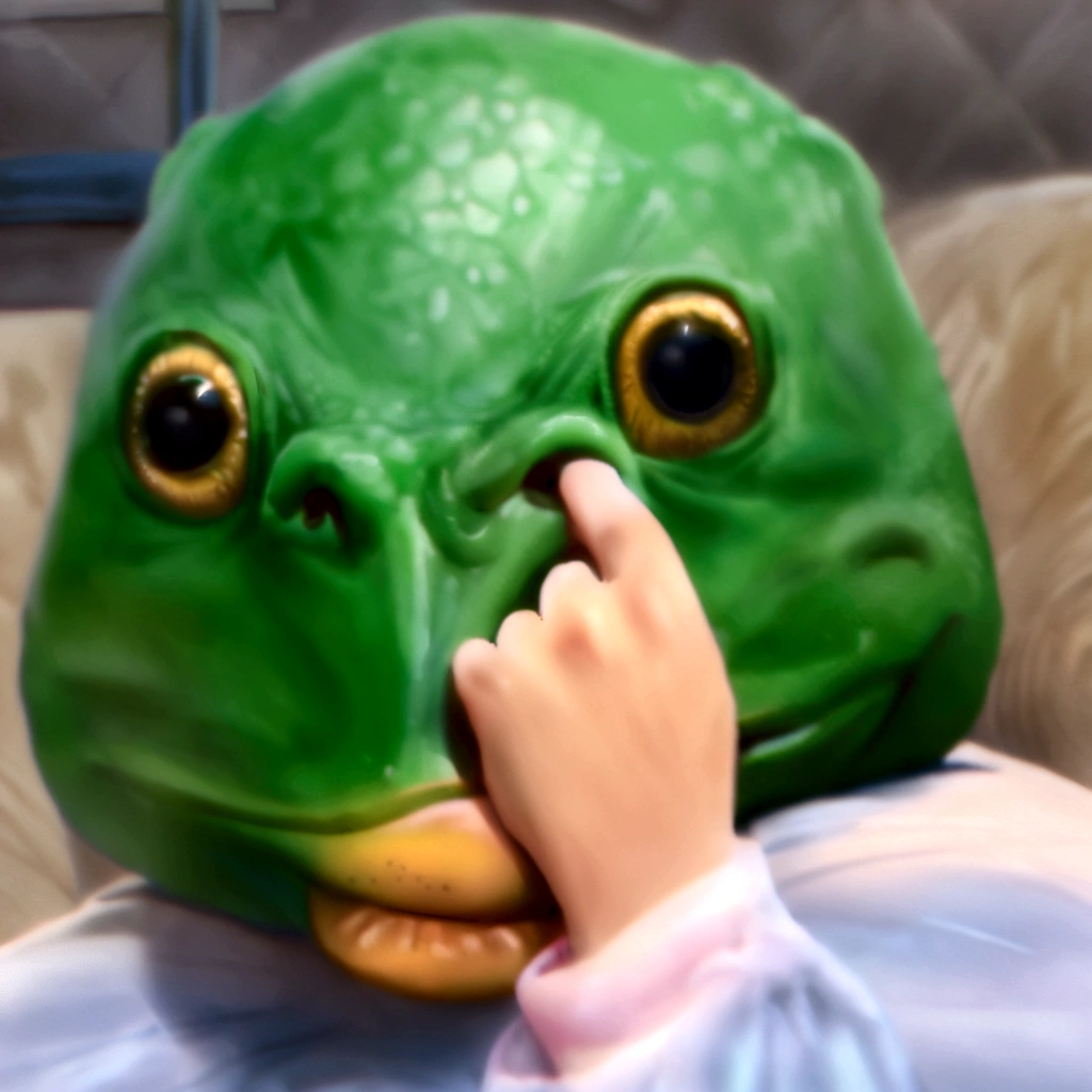 arafed green bird mask with finger on nose and hand on nose, the mask covers her entire face, peepo the frog!!!, green head, 4 chan pepe, ๐ as ๐ as ๐ค as ๐ฝ as ๐ณ, disgust, ๐ฟ๐ธ๐, you g face, pepe the frog, reptile face, pepe frog