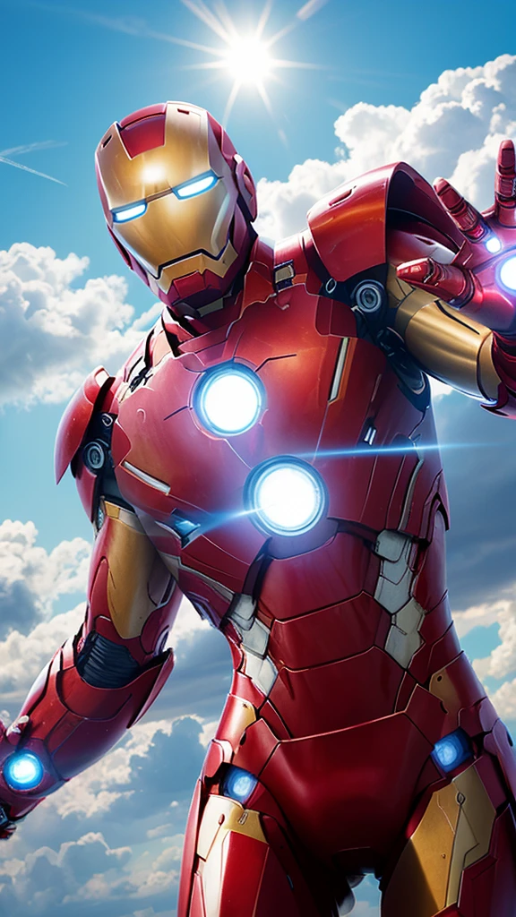 /imagine prompt: A high-resolution illustration of Iron Man flying through the sky, his suit gleaming in the sunlight. The background features a clear blue sky with scattered clouds and a distant cityscape below. Created using: digital art, vibrant color palette, dynamic composition, realistic textures, hd quality --ar 16:9 --v 6.0