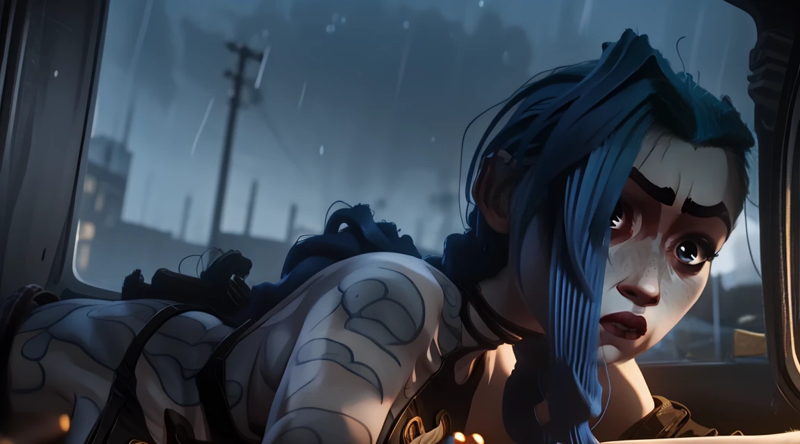 arcane, jinx, jinx outfit, sleeping inside a car at night, night lighting, cimenatic, rain on windows, sleeping, lying in car