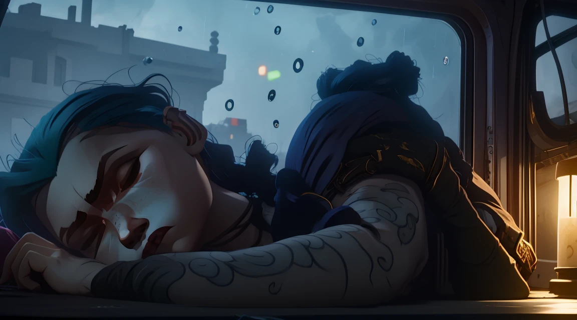 arcane, jinx, jinx outfit, sleeping inside a car at night, night lighting, cimenatic, rain on windows, sleeping, lying in car