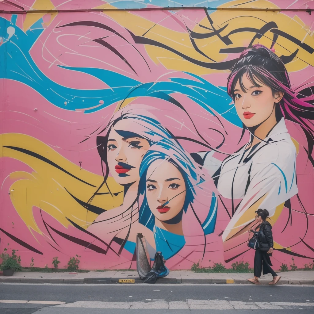 A beautiful girl playing the violin with a vibrant graffiti-covered wall in the background, creating a striking contrast between classical beauty and modern street art.
