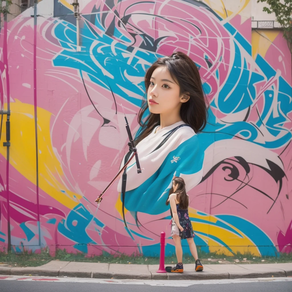 A beautiful girl playing the violin with a vibrant graffiti-covered wall in the background, creating a striking contrast between classical beauty and modern street art.