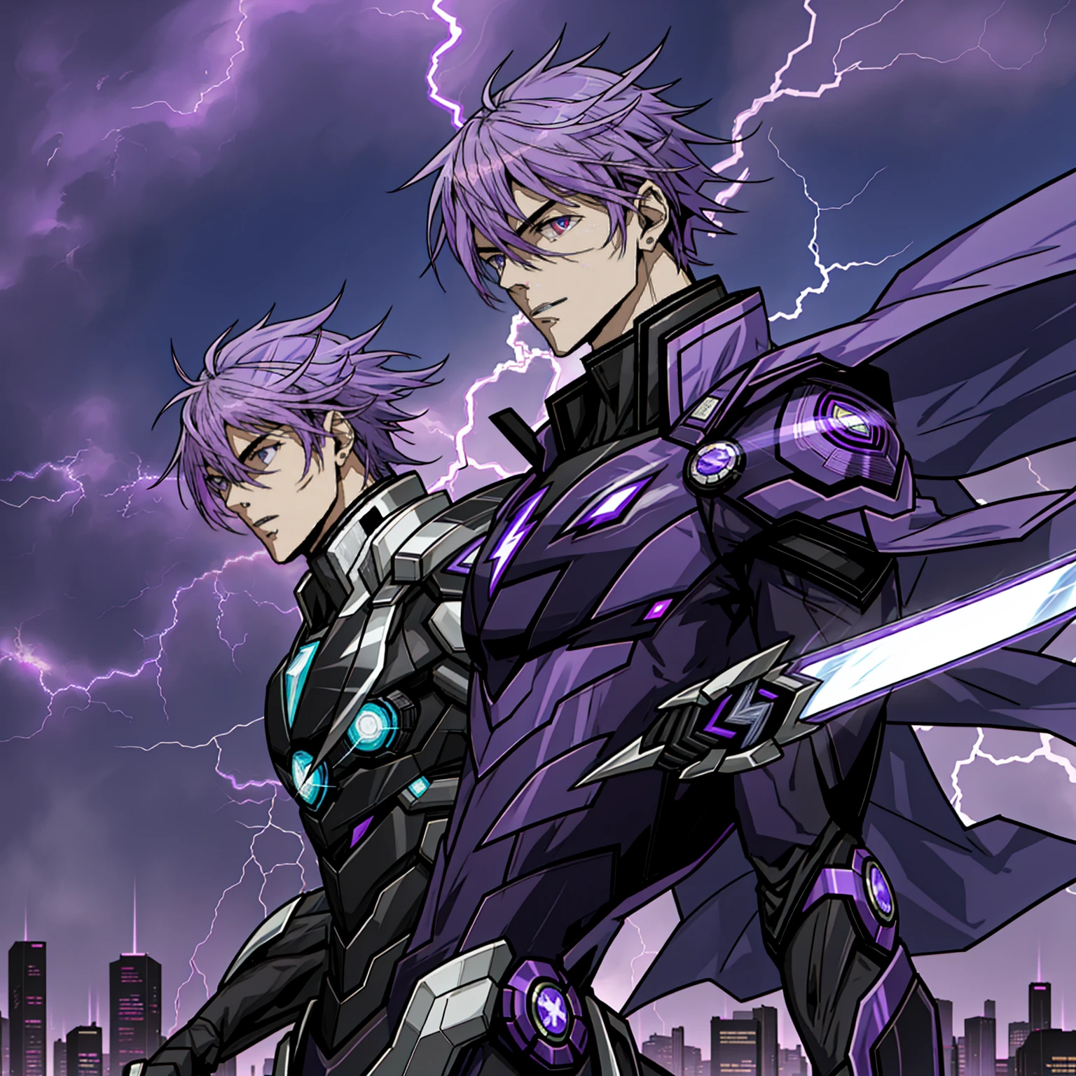 8k anime, ultra-high quality, perfectres, super hero, 25 year old boy, purple and black lightning suit, purple lightning powers, messy silver hair, purple eyes, light skintone, mature, mature facial features, dark city background, purple lightning sword, comic artstyle