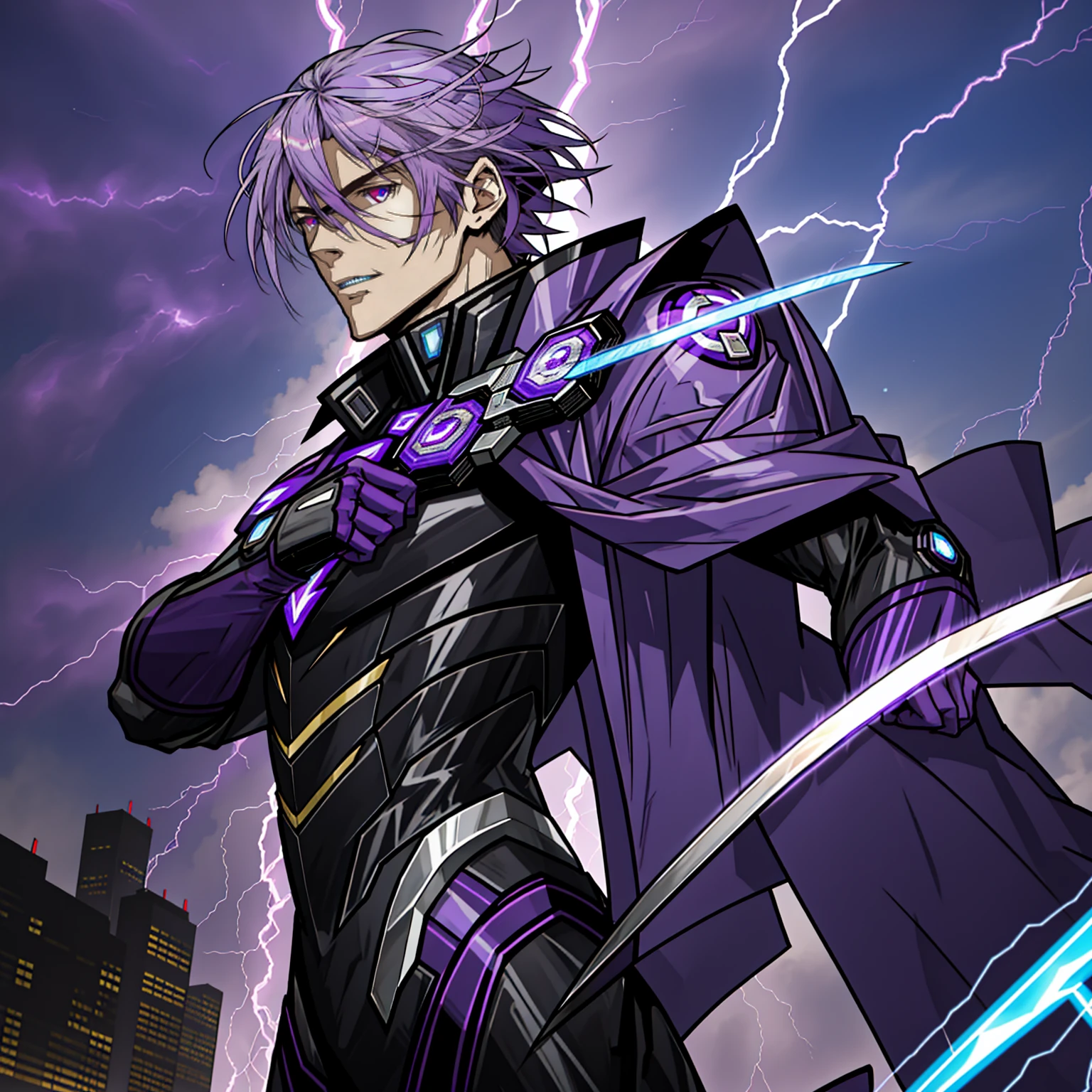 8k anime, ultra-high quality, perfectres, super hero, 25 year old boy, purple and black lightning suit, purple lightning powers, messy silver hair, purple eyes, light skintone, mature, mature facial features, dark city background, purple lightning sword, comic artstyle