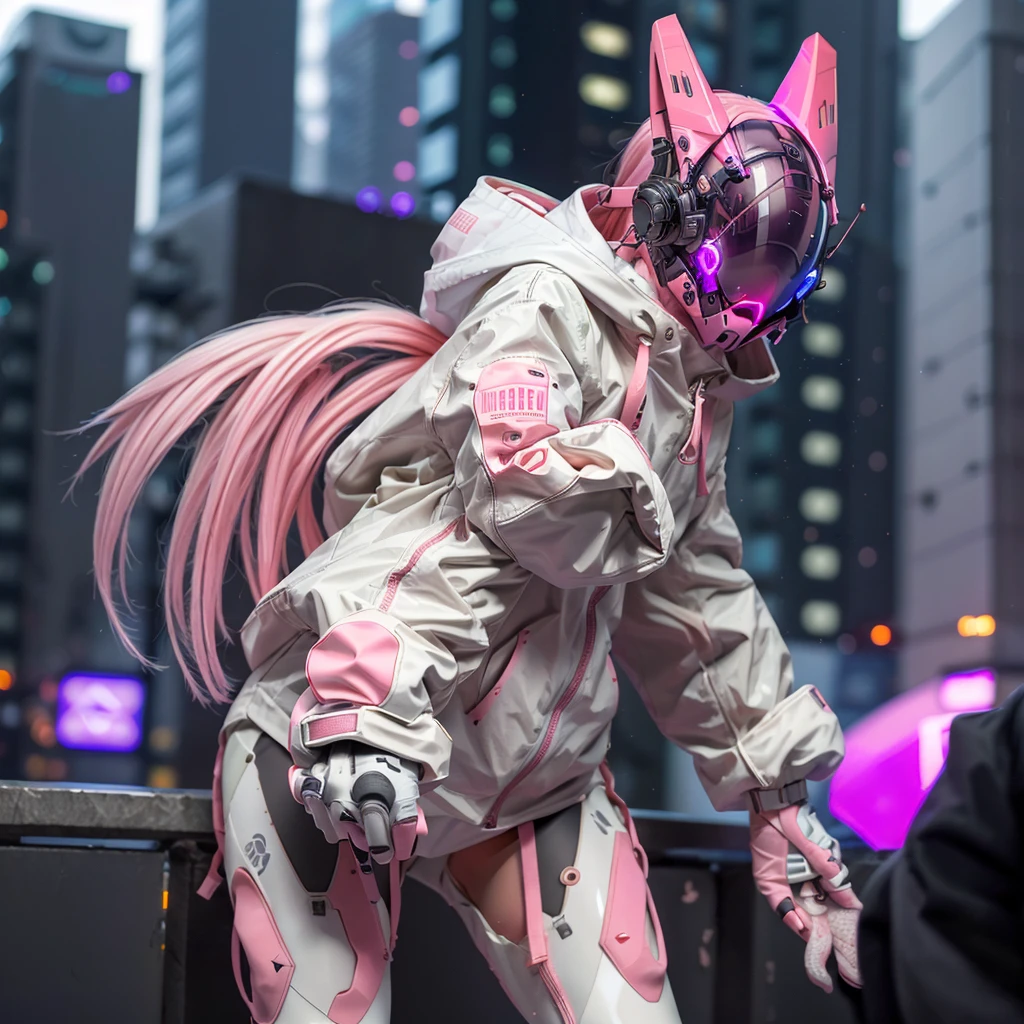 1girll, helmet, Hood, Solo, White_Spacesuit, Extra-long_Hair, bangs, Jacket, The upper part of the body_Body, Pink_Hair, Blurry, Coat, Grey_Eyes, Mask, Blurry_Background, Backpack, zippers, Mouth_Mask, Covered_Mouth, Urban tech clothing, Outfit,lowerbody,Fair long legs,Unequal cyber leggings,with light glowing,zipperechanical booties,Full body shot from head to stomach, ((close up))。