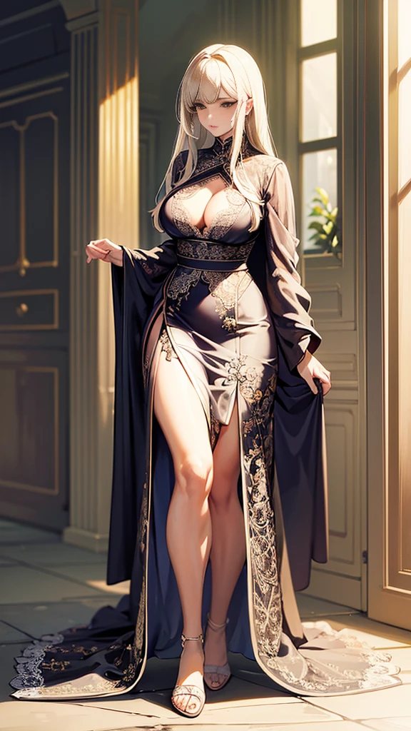 a beautiful lady, masterpiece, best quality, intricate lace, lace dress, serene expression, full body portrait, extremely detailed, Not bright colors, lace clothes, elegant, lady, night, Sexy Bathrobe, Older woman, lace robe, night