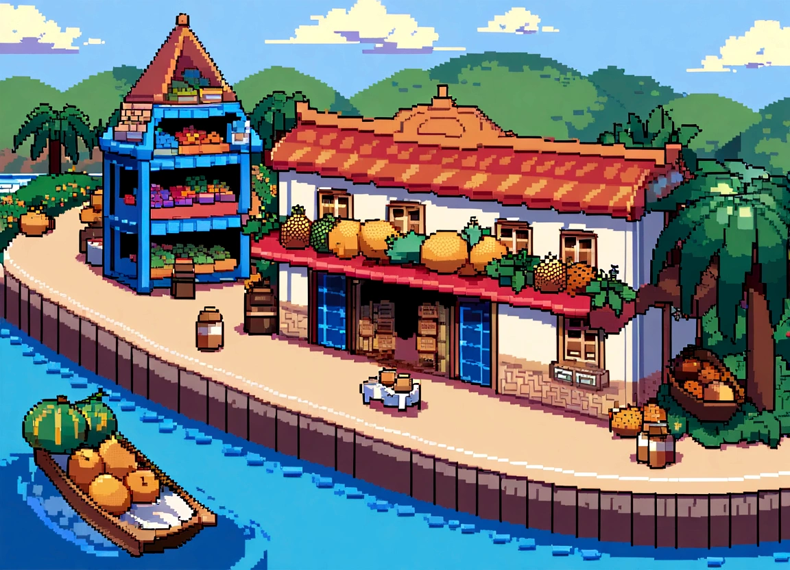 "Pixel art of the Ver-o-Peso Market in Belém do Pará, outdoors near the Guajará River, with pixelated boats in the blue waters in the background, tendas coloridas em vermelho, green and blue displaying tropical fruits such as açaí, cupuaçu and mangaba, atividade animada com vendedores e clientes pixelizados, colonial buildings in pixel art style with wooden windows and tile roofs, under a tropical sky with scattered clouds in soft shades of blue."






