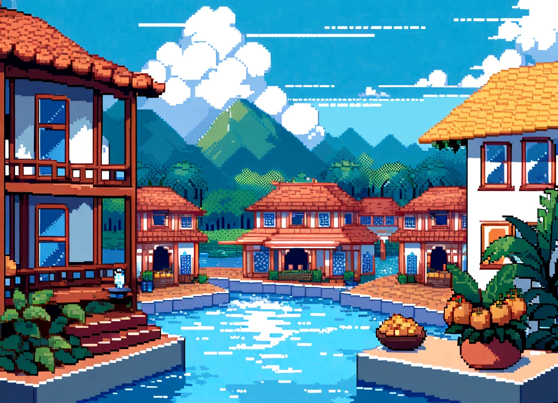 "Pixel art of the Ver-o-Peso Market in Belém do Pará, outdoors near the Guajará River, with pixelated boats in the blue waters in the background, tendas coloridas em vermelho, green and blue displaying tropical fruits such as açaí, cupuaçu and mangaba, atividade animada com vendedores e clientes pixelizados, colonial buildings in pixel art style with wooden windows and tile roofs, under a tropical sky with scattered clouds in soft shades of blue."