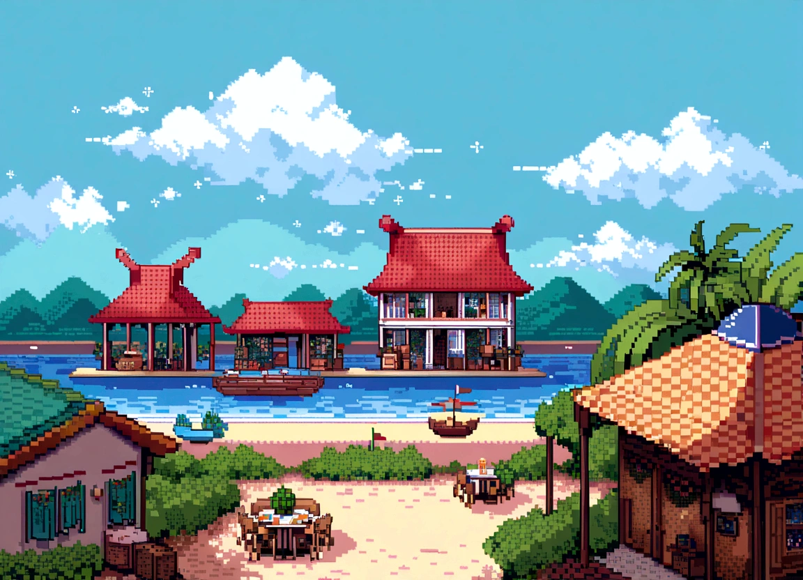 "Pixel art of the Ver-o-Peso Market in Belém do Pará, outdoors near the Guajará River, with pixelated boats in the blue waters in the background, tendas coloridas em vermelho, green and blue displaying tropical fruits such as açaí, cupuaçu and mangaba, atividade animada com vendedores e clientes pixelizados, colonial buildings in pixel art style with wooden windows and tile roofs, under a tropical sky with scattered clouds in soft shades of blue."