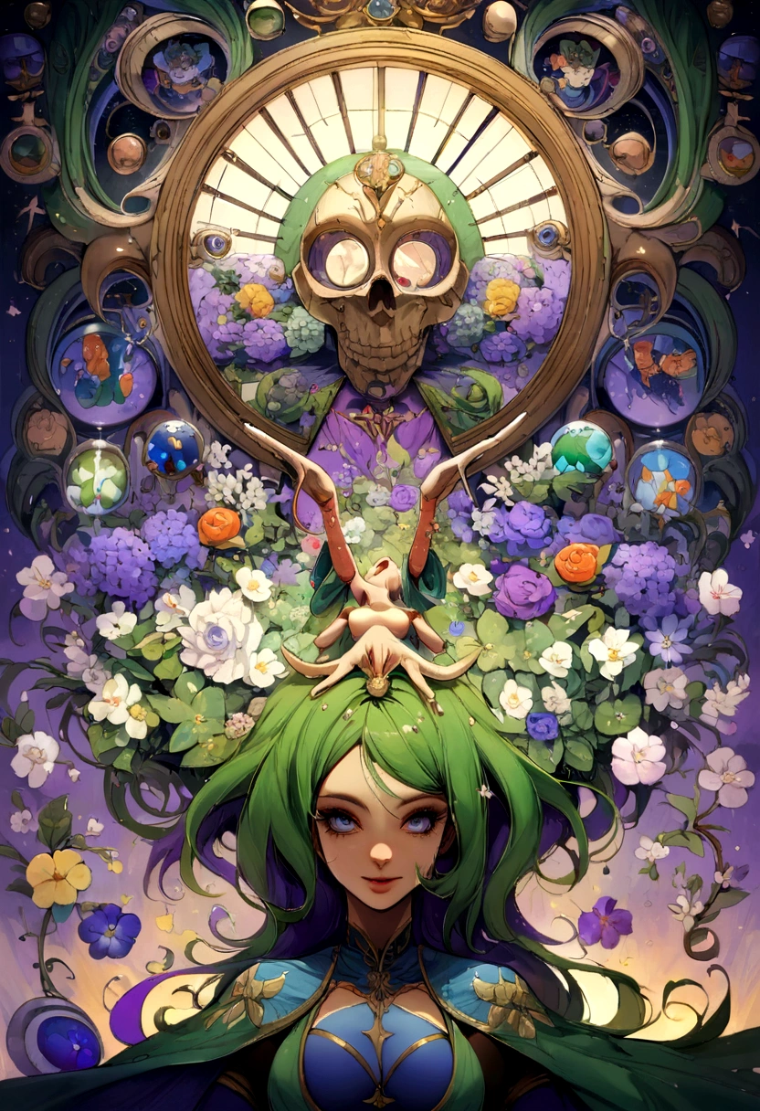 adesivo,1girl, fundo simples, retrato, girl with long hair, beautiful medusa girl, medusa aesthetic, beautiful girl, very beautiful fantasy art, beautiful and elegant female medusa, beautiful detailed fantasy, green and purple color palate, green color-theme