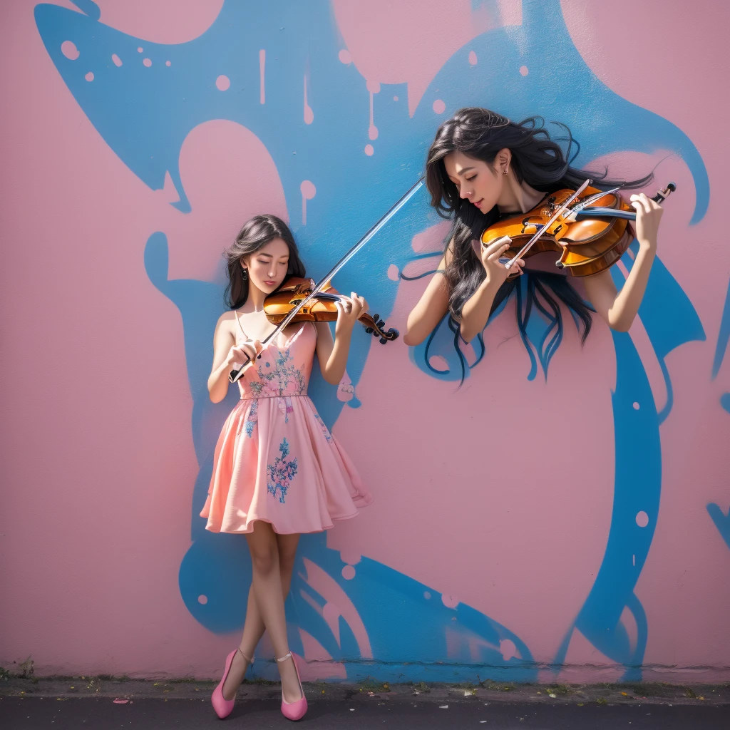 A beautiful girl playing the violin with a vibrant graffiti-covered wall in the background, creating a striking contrast between classical beauty and modern street art.
